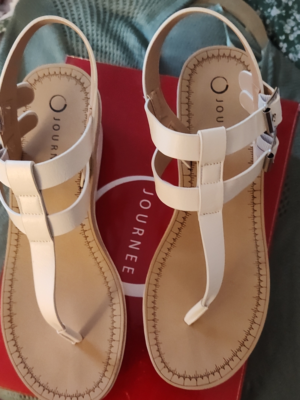 Journee Collection Cream T-Strap Ankle Buckle Sandals